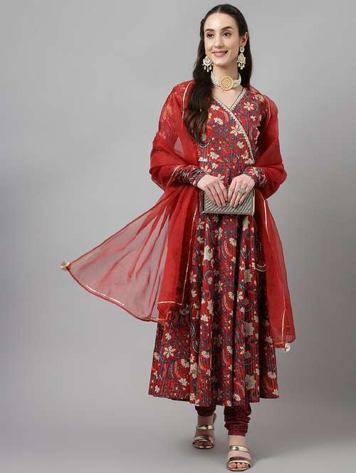 women red floral printed anarkali kurta churidaar set with dupatta - 20895404 -  Standard Image - 0