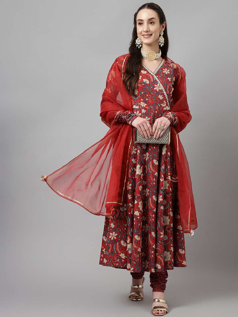 women red floral printed anarkali kurta churidaar set with dupatta