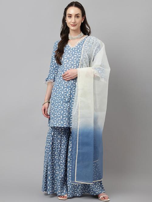 women blue v neck kurta sharara set with dupatta - 20895405 - Standard Image - 0