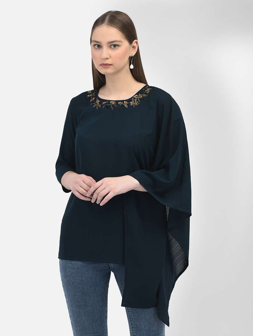 neck embroidered solid color regular top - 20895416 - Zoom Image - 0