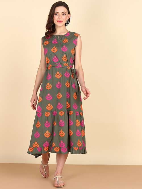 women green printed fit & flare dress - 20895882 - Standard Image - 0