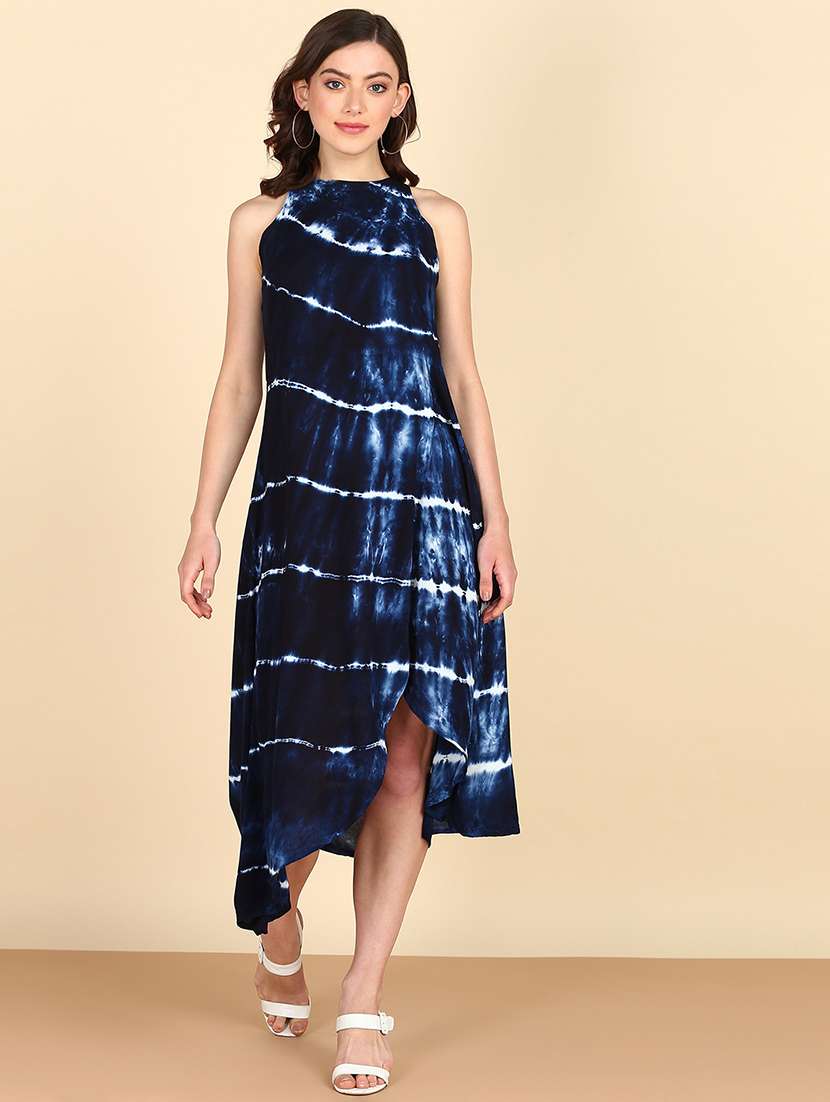 women navy blue tie & dye high slit dress