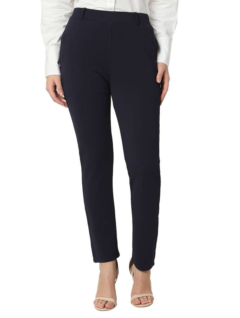 women solid cotton lycra flat front trouser