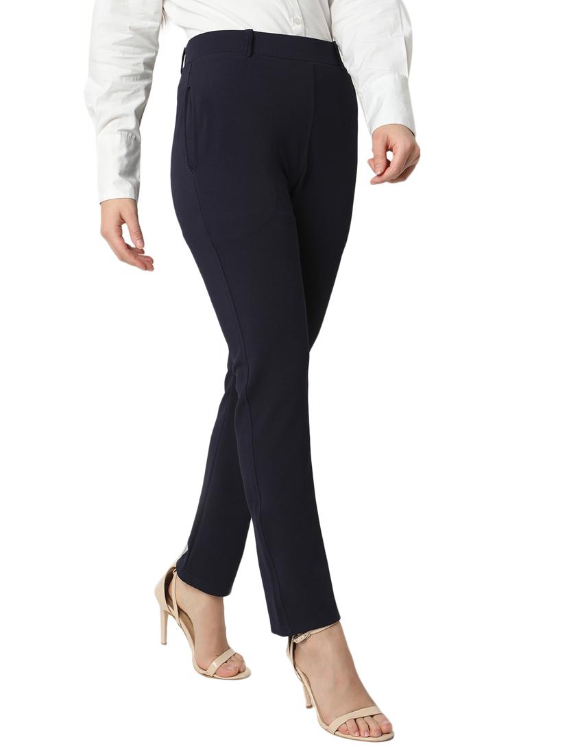 women solid cotton lycra flat front trouser - 20895989 - Standard Image - 2