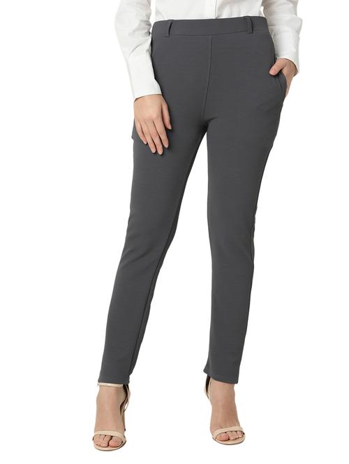 women solid cotton lycra flat front trouser - 20895990 -  Standard Image - 0