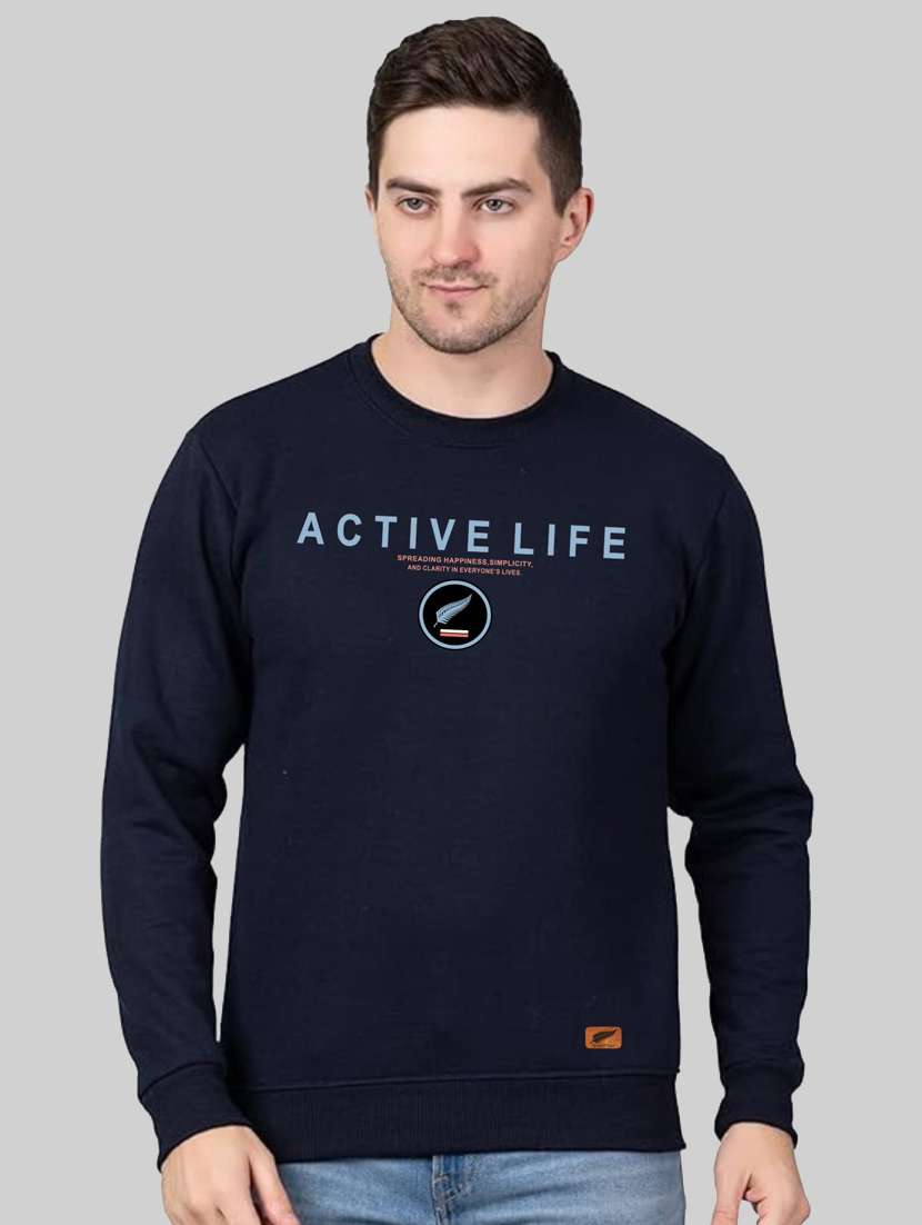 navy blue fleece chest print sweatshirt