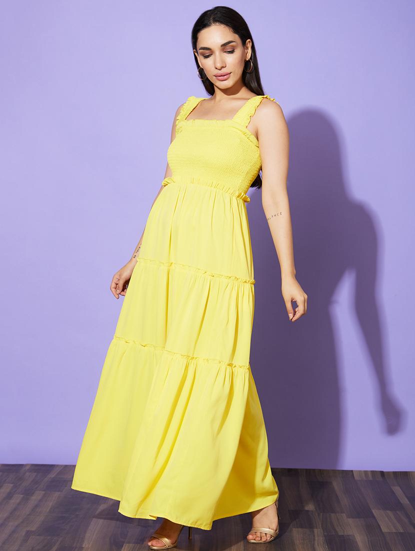 globus women yellow square neck strappy shoulder smocked tiered fit & flare maxi dress - 20901436 -  Zoom Image - 0