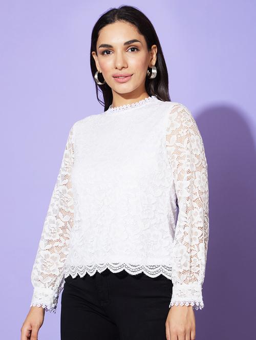 globus women white high neck long sleeves floral lace party top - 20901498 - Standard Image - 0
