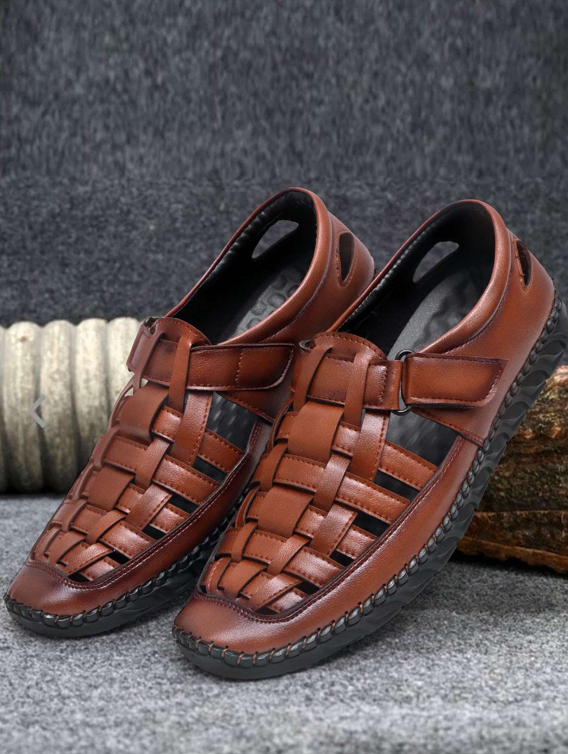 brown synthetic leather sandals for men