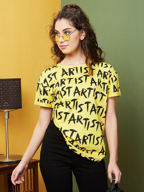 globus women yellow & black typography print drop shoulder boxy fit t-shirt - 20911602 -  Standard Image - 0