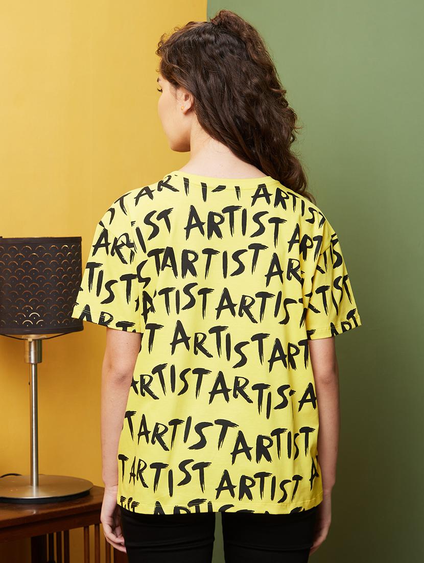 globus women yellow & black typography print drop shoulder boxy fit t-shirt - 20911602 - Standard Image - 2