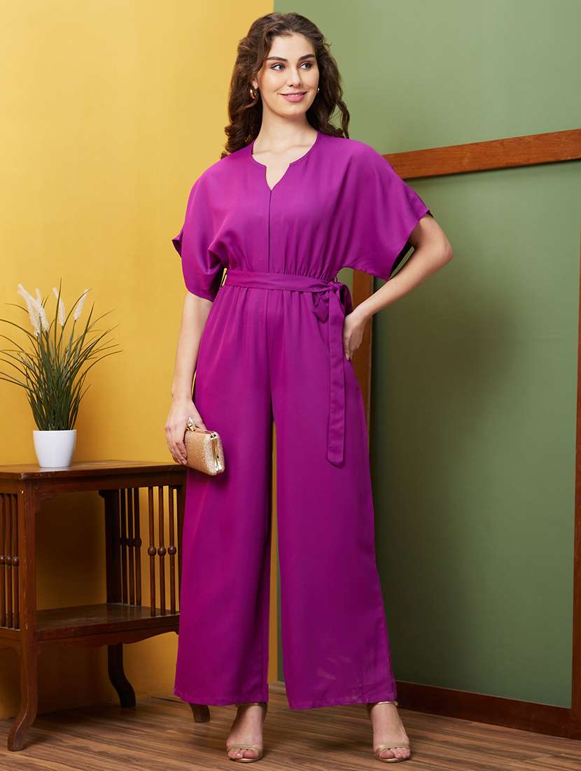 globus women purple round neck with v cut & kimono sleeves waist tie-up longline jumpsuit