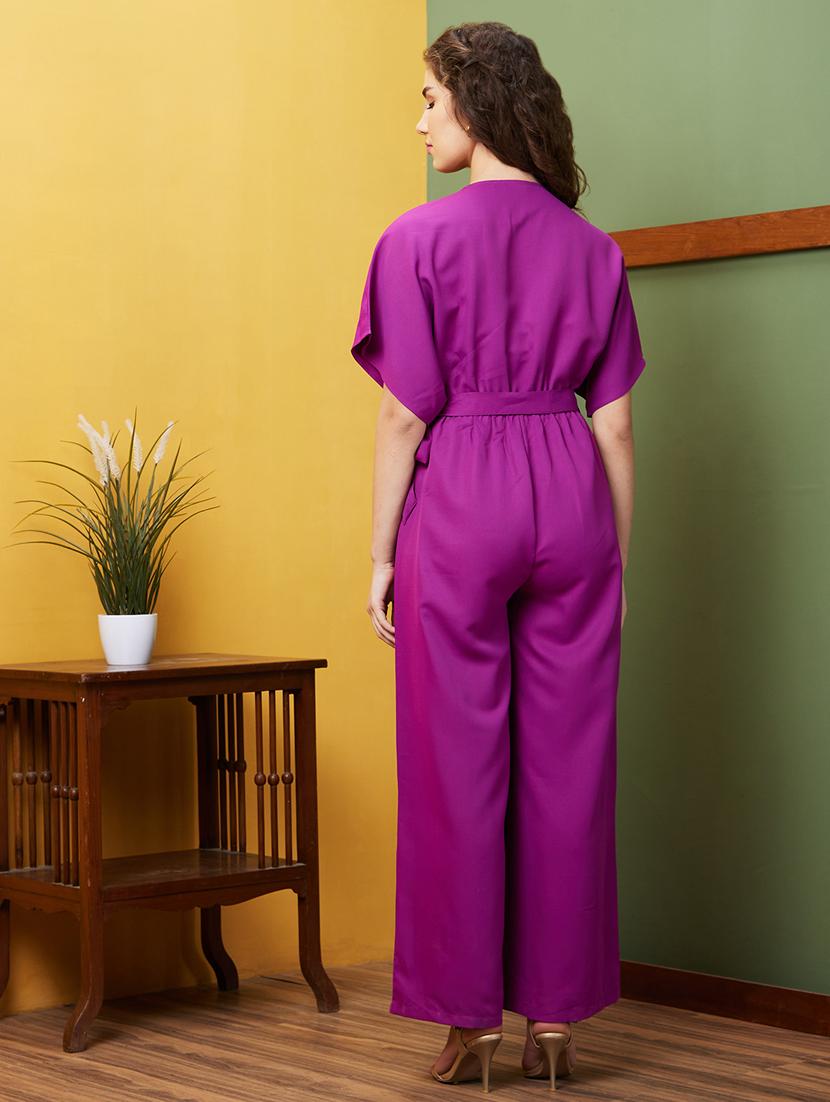 globus women purple round neck with v cut & kimono sleeves waist tie-up longline jumpsuit - 20911619 - Standard Image - 2