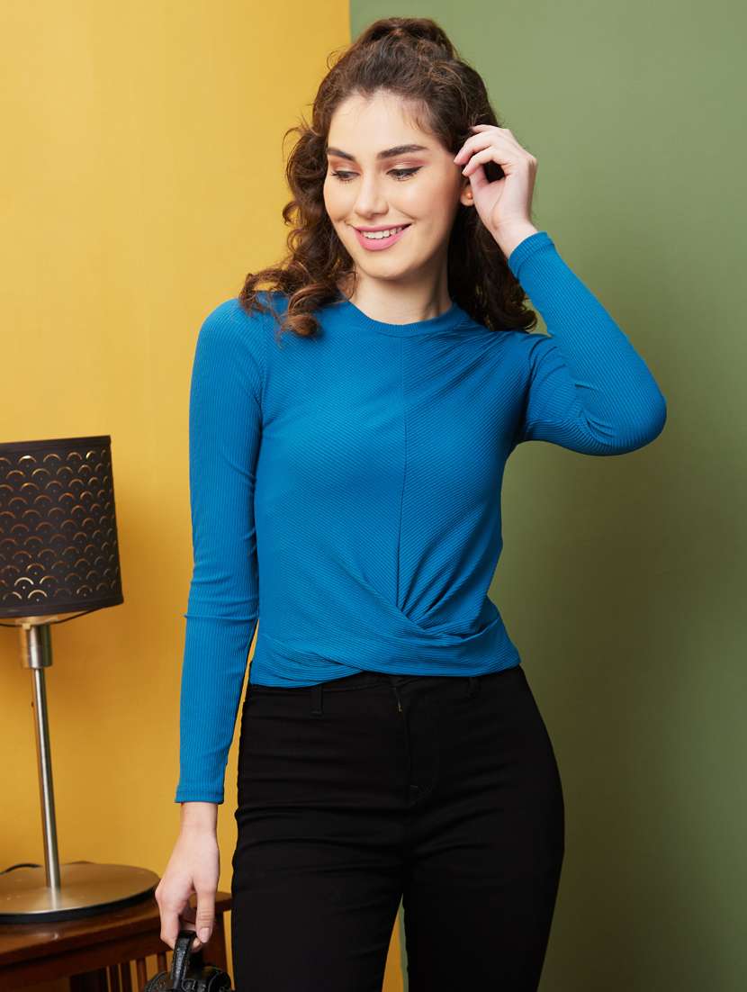 globus women teal green opaque round neck long sleeves twisted top