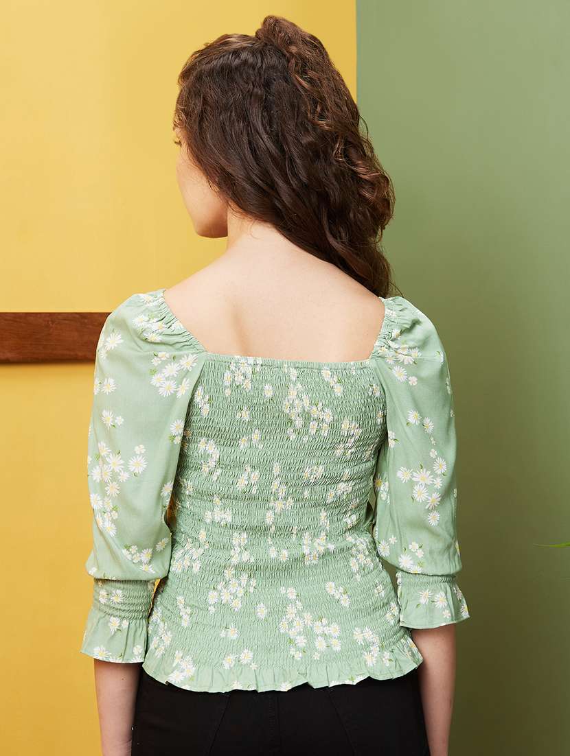 globus women green floral print sweetheart neck frilled & cinched waist top - 20911639 - Standard Image - 2