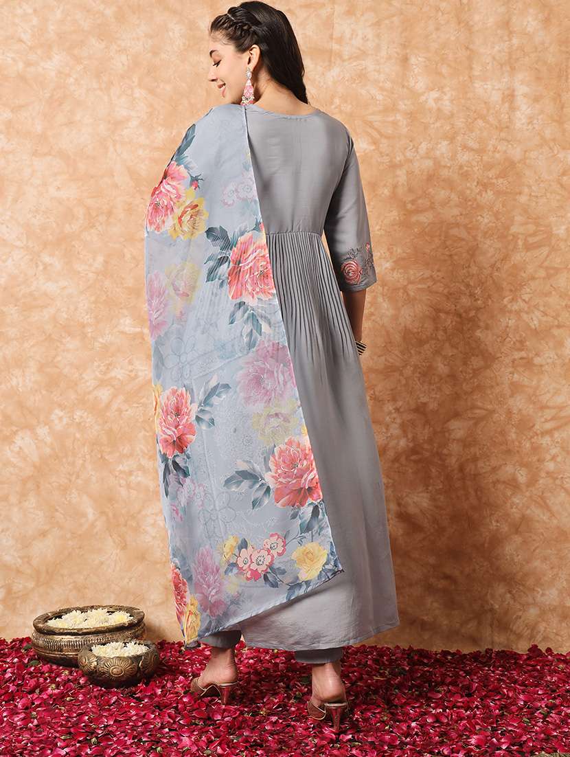 women grey round neck kurta pant set with dupatta - 20912012 - Standard Image - 2