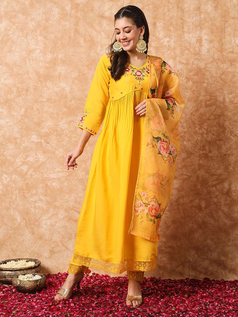 women yellow v neck kurta pant set with dupatta - 20912016 - Standard Image - 2