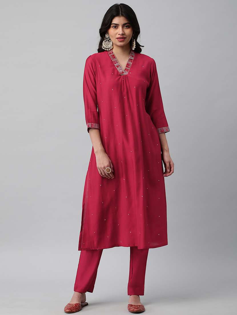women v-neck art silk a-line kurta