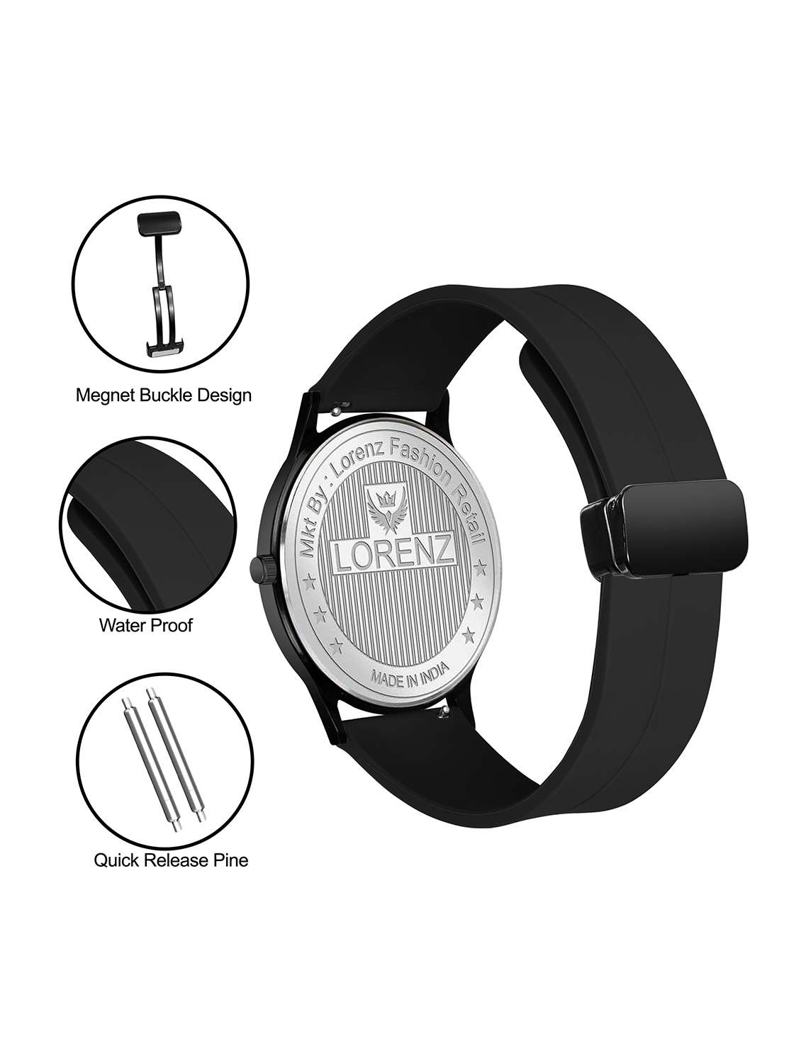 lorenz slim case analog watch with black magnetic lock strap | watch for men | mk-4077r - 20912221 - Standard Image - 2