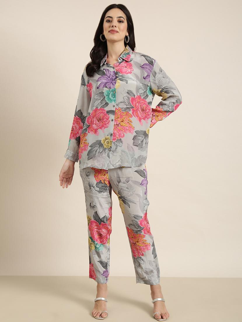 women grey floral printed shirt and trouser co-ord set - 20912328 - Standard Image - 2