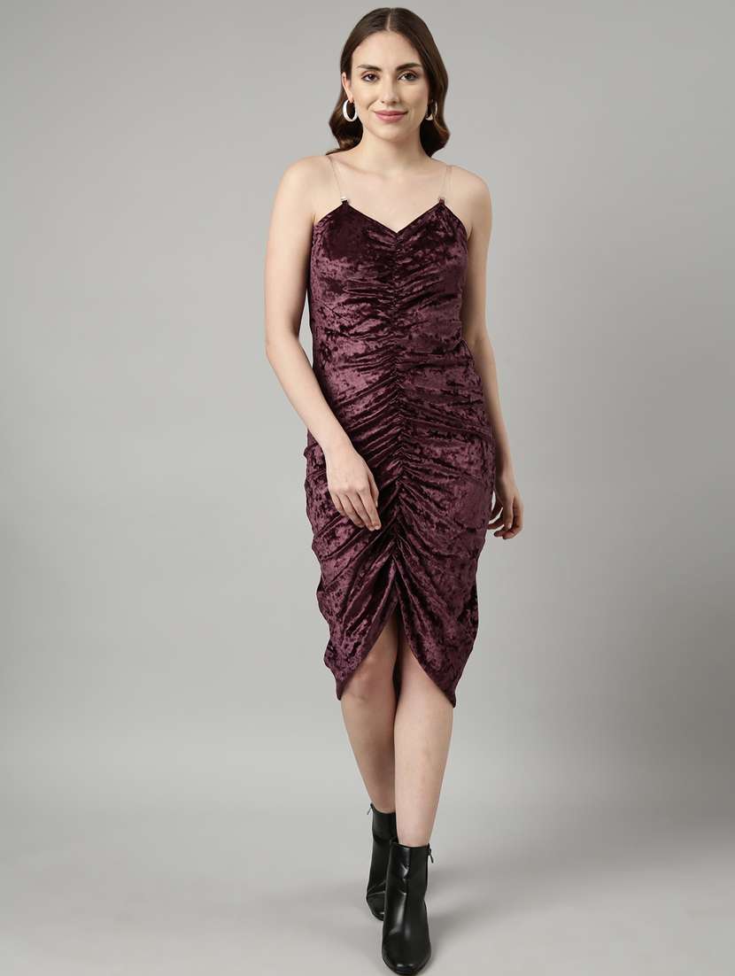 womne solid shoulder strap ruched dress