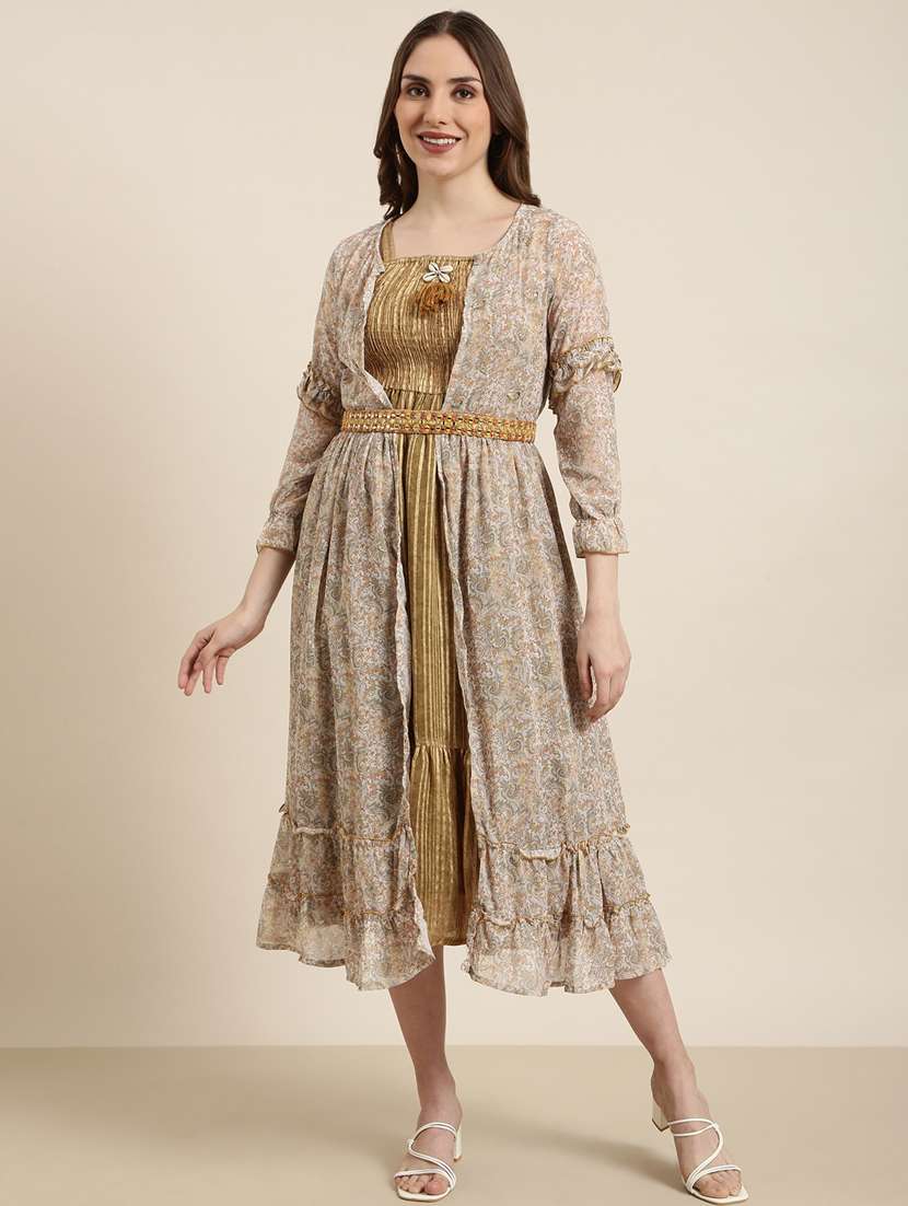 women olive green striped detailed dress with printed jacket