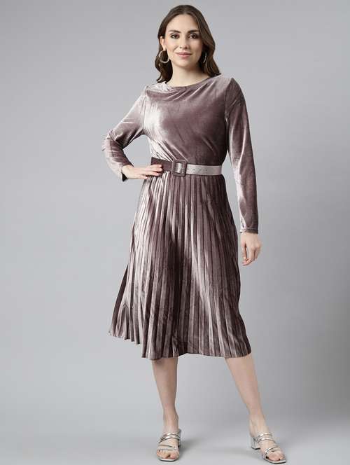 women solid belted fit & flare dress - 20915761 - Standard Image - 0