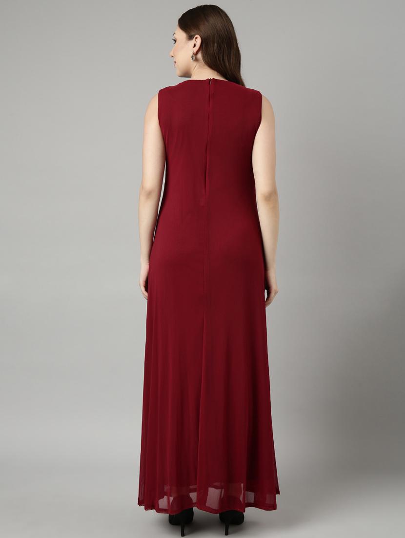 women maroon solid round neck gown dress - 20915766 - Standard Image - 2
