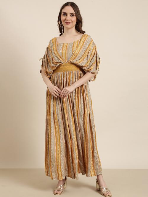 women mustard printed fit & flare dress - 20915773 -  Standard Image - 0