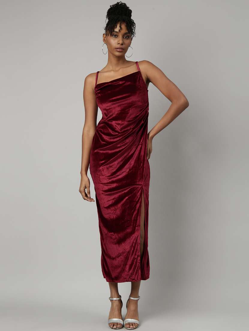 women maroon solid high-slit dress