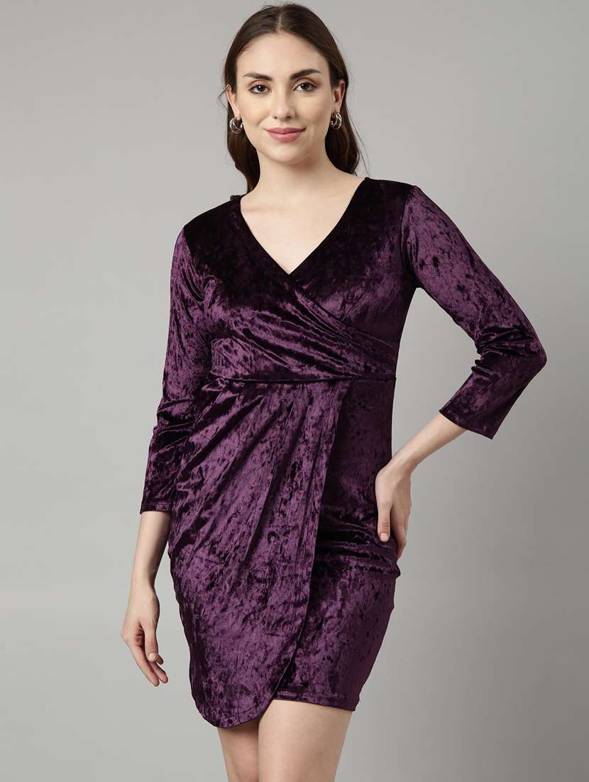women solid overlap neck wrap dress