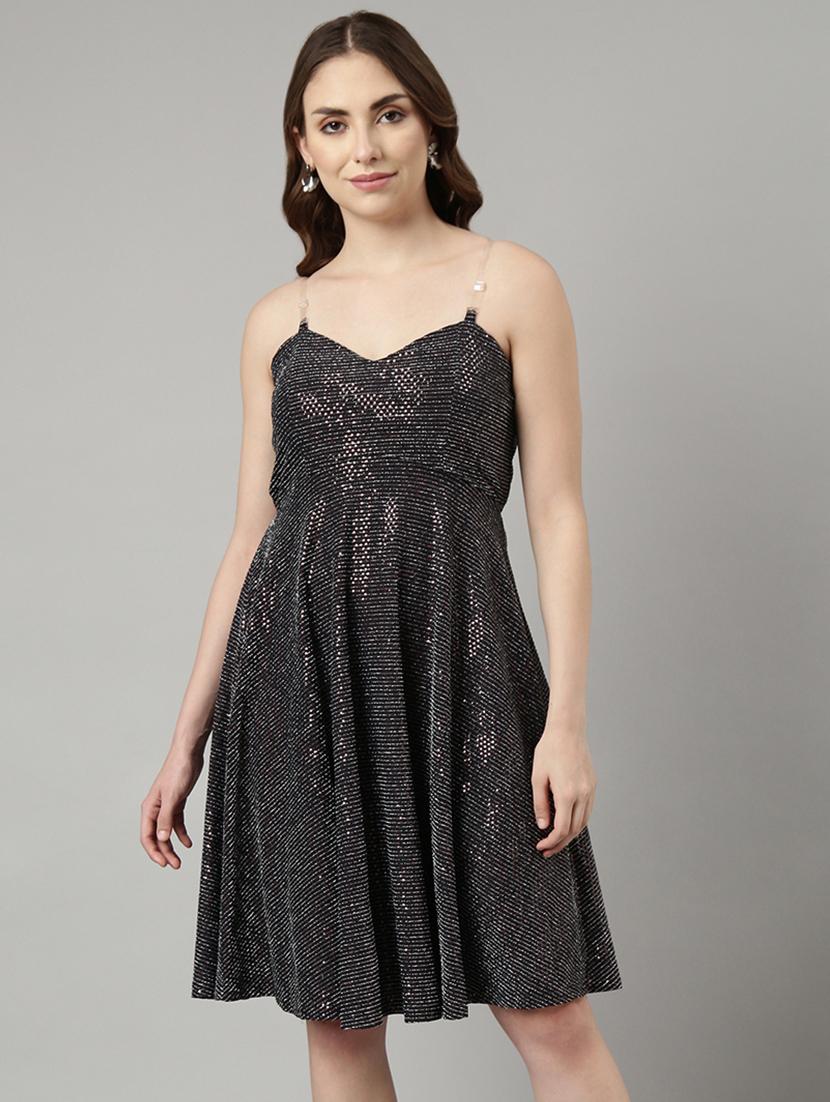 women charcoal self-designed fit & flare dress - 20915802 - Zoom Image - 0