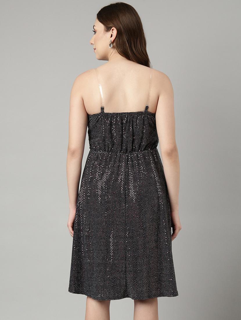 women charcoal self-designed fit & flare dress - 20915802 - Standard Image - 2