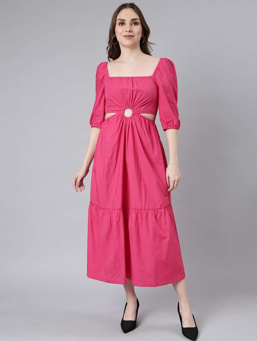 women solid puff sleeves tiered dress