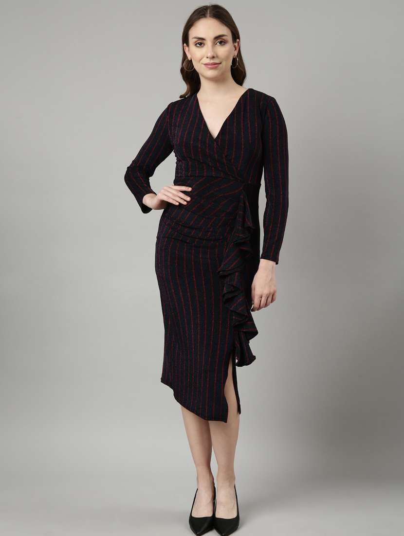 women navy blue stripes bodycon dress