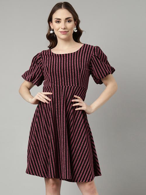 women striped puff sleeves fit & flare dress - 20915857 -  Standard Image - 0