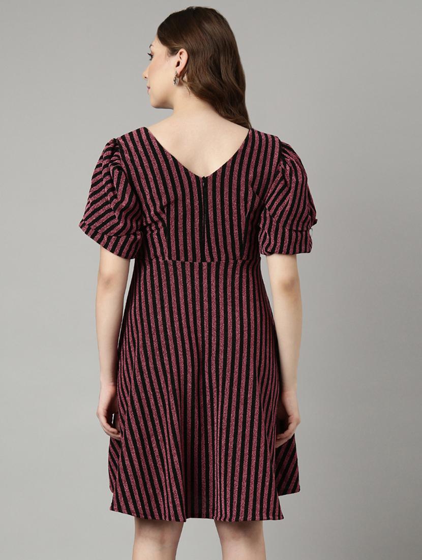 women striped puff sleeves fit & flare dress - 20915857 - Standard Image - 2