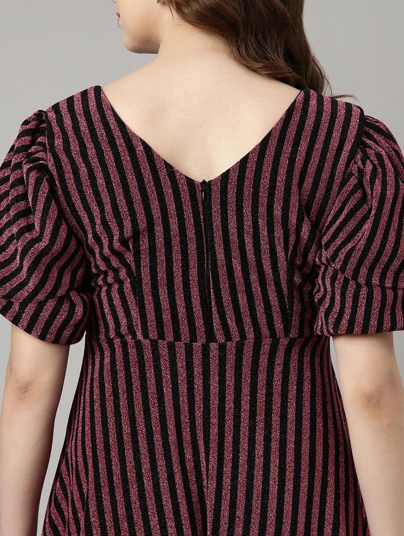 women striped puff sleeves fit & flare dress - 20915857 - Standard Image - 7