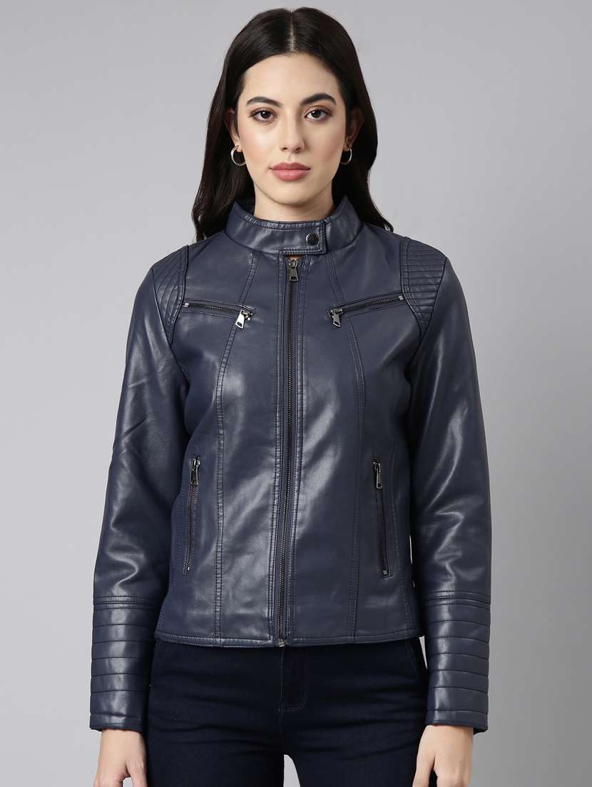 mock neck solid biker jacket