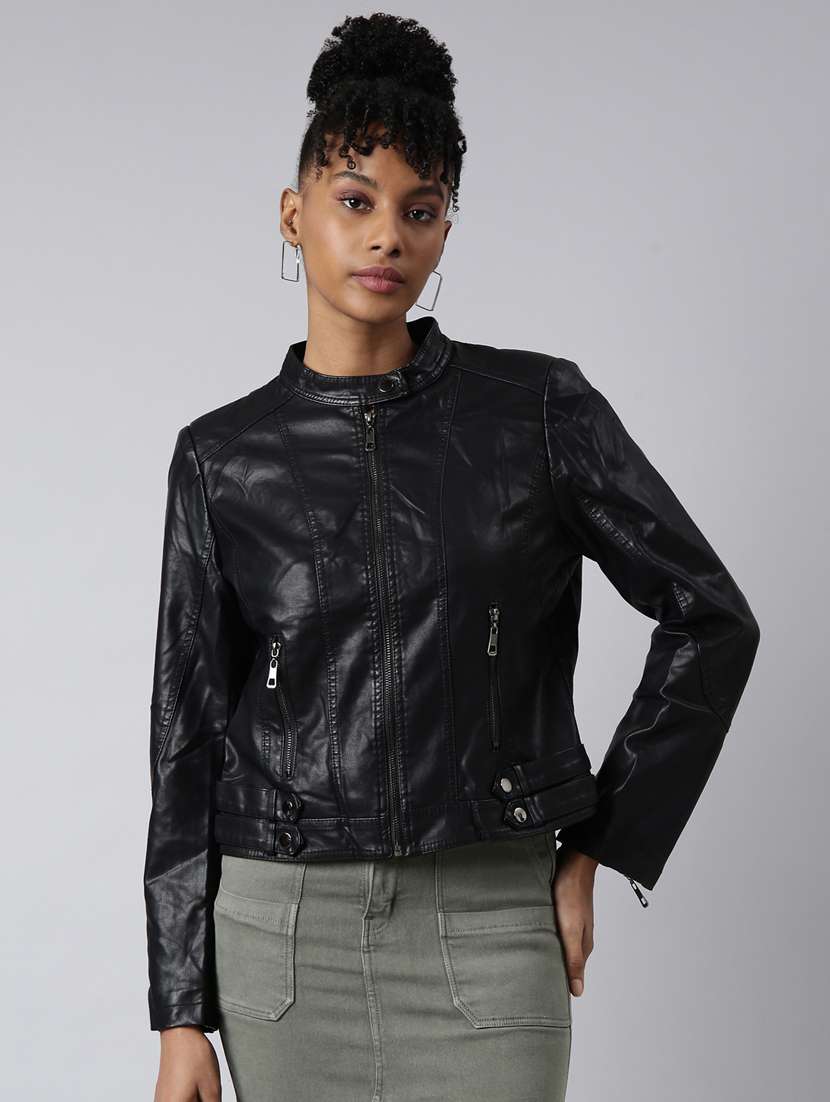 women solid long sleeves leather jacket
