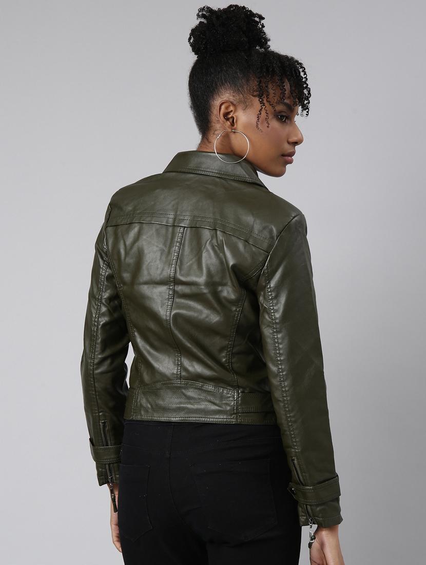 olive leather bomberbiker jacket - 20917095 - Standard Image - 2