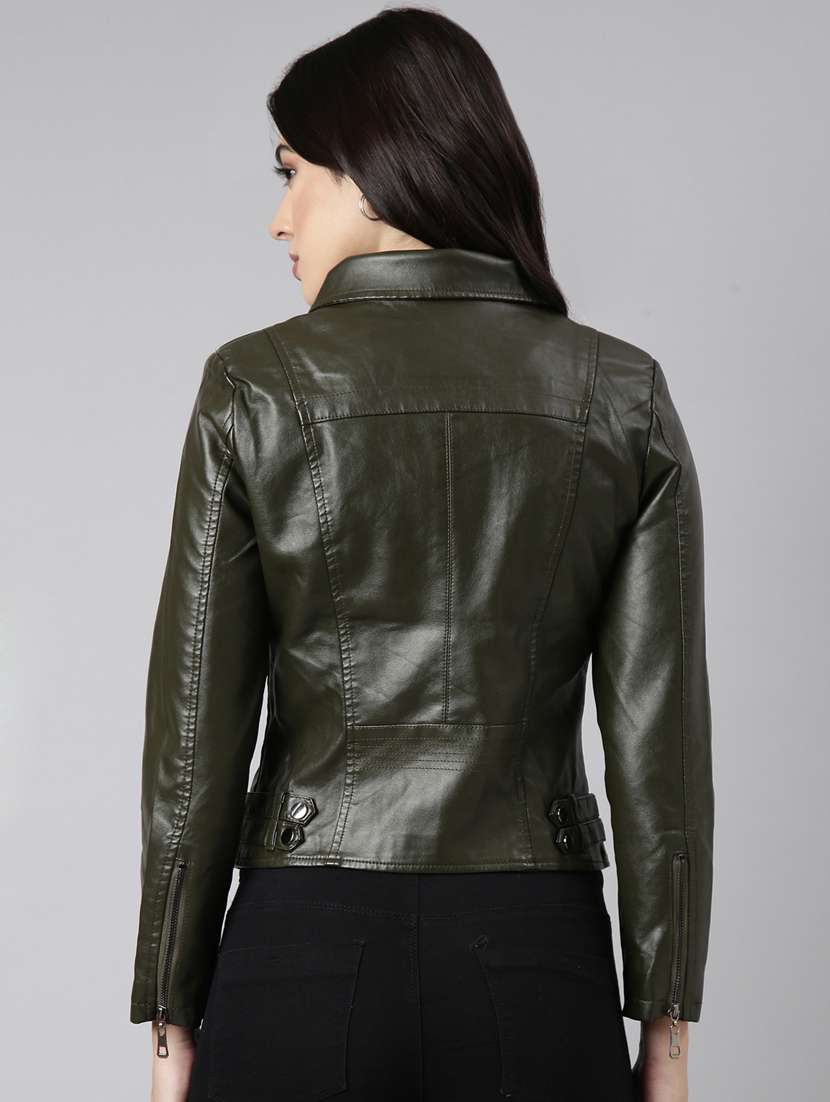 women solid olive green leather jacket - 20917096 -  Standard Image - 2