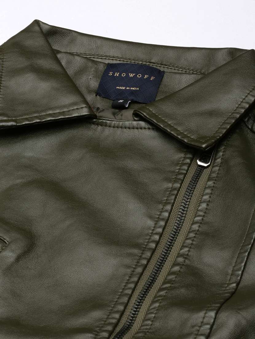 women solid olive green leather jacket - 20917096 -  Standard Image - 7