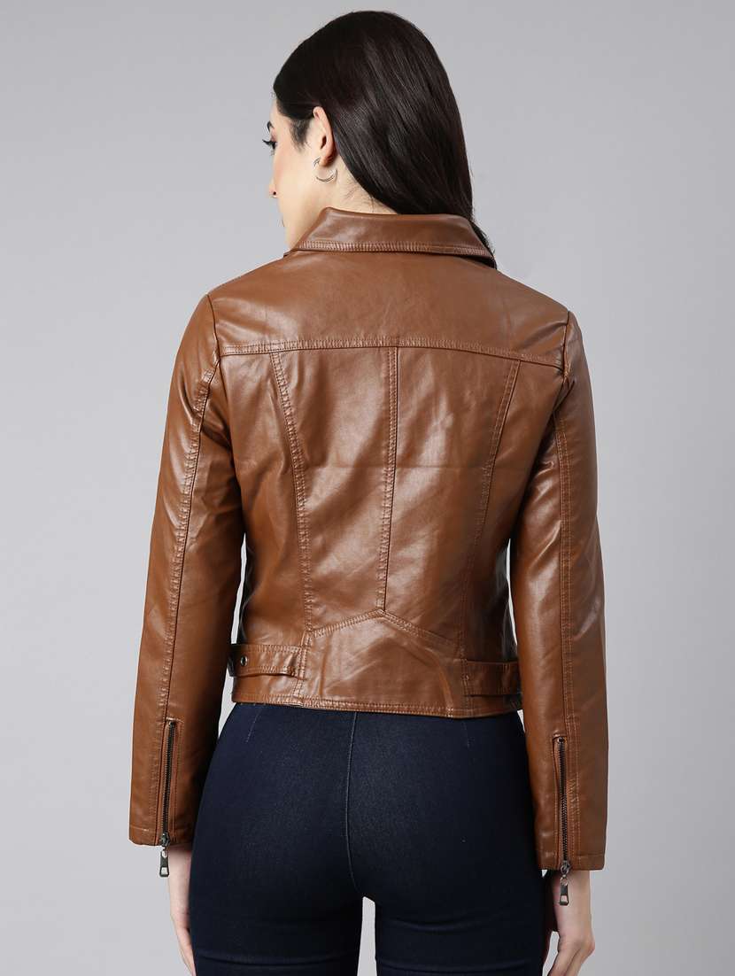 women solid long sleeves leather jacket - 20917108 - Standard Image - 2