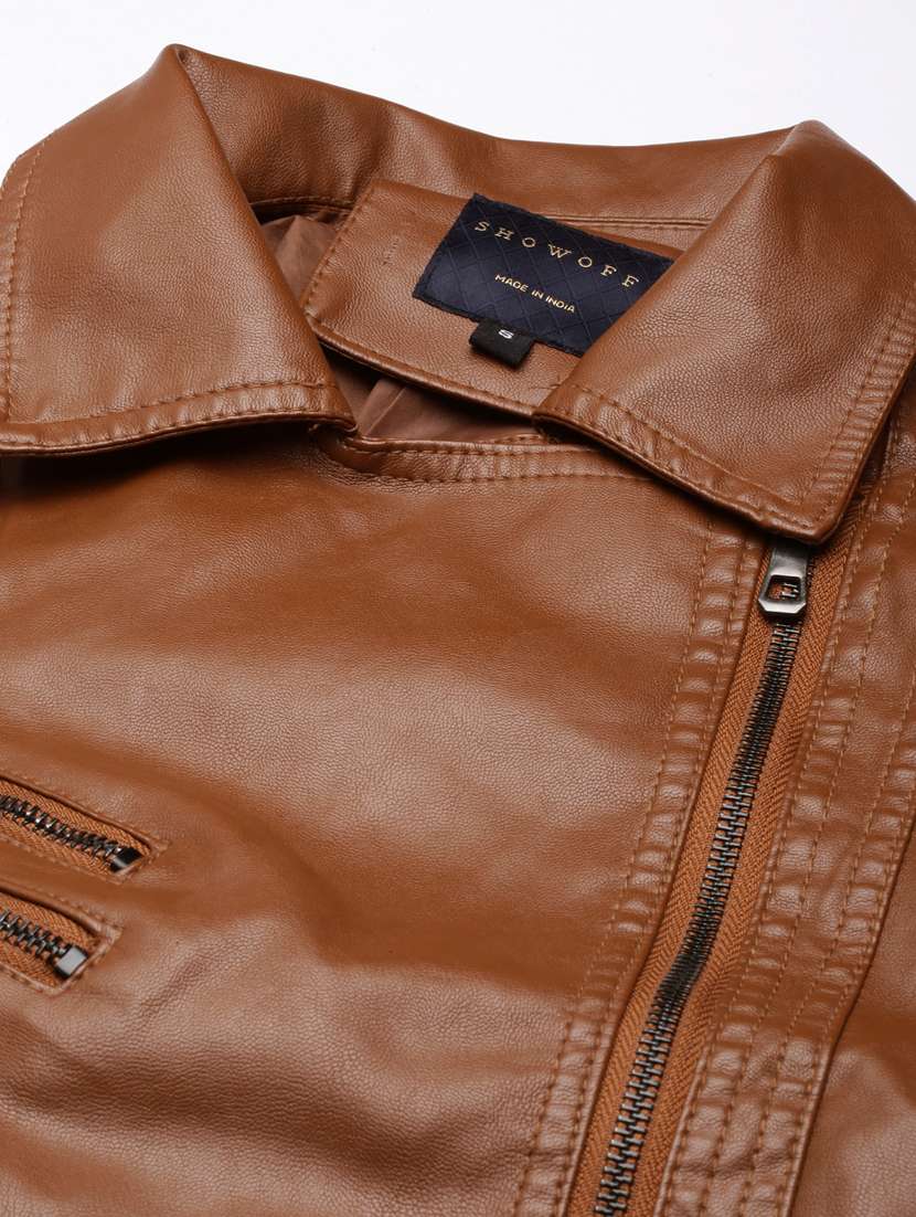 women solid long sleeves leather jacket - 20917108 - Standard Image - 7