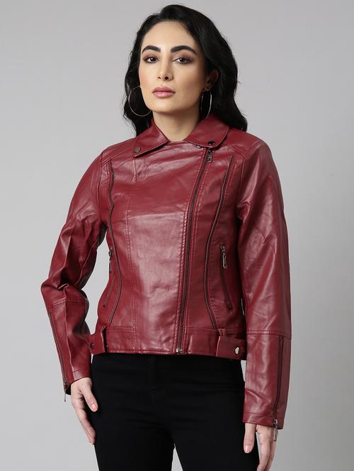 women maroon solid leather jacket - 20917109 - Standard Image - 0