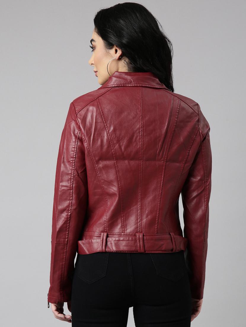 women maroon solid leather jacket - 20917109 - Standard Image - 2