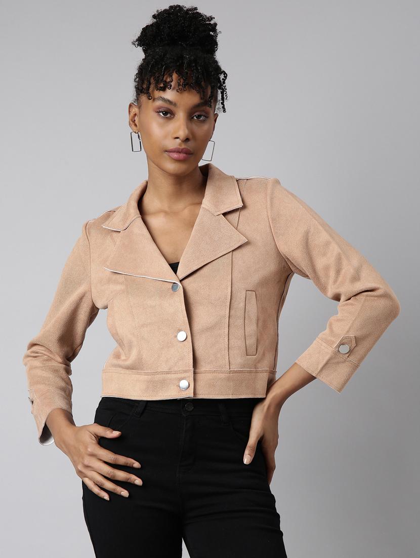 beige suede plain crop jacket - 20917119 - Zoom Image - 0