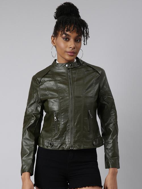 olive leather bomberbiker jacket - 20917162 -  Standard Image - 0