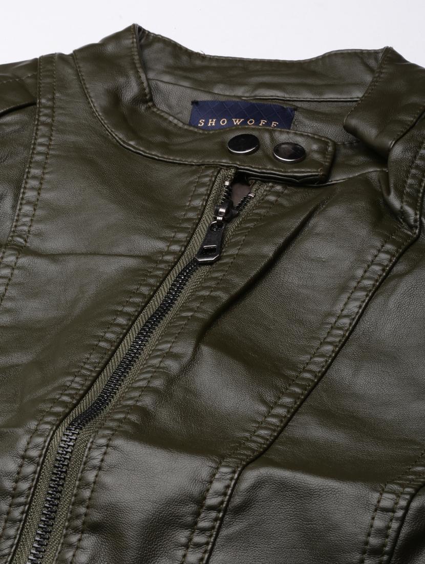 olive leather bomberbiker jacket - 20917162 - Standard Image - 7